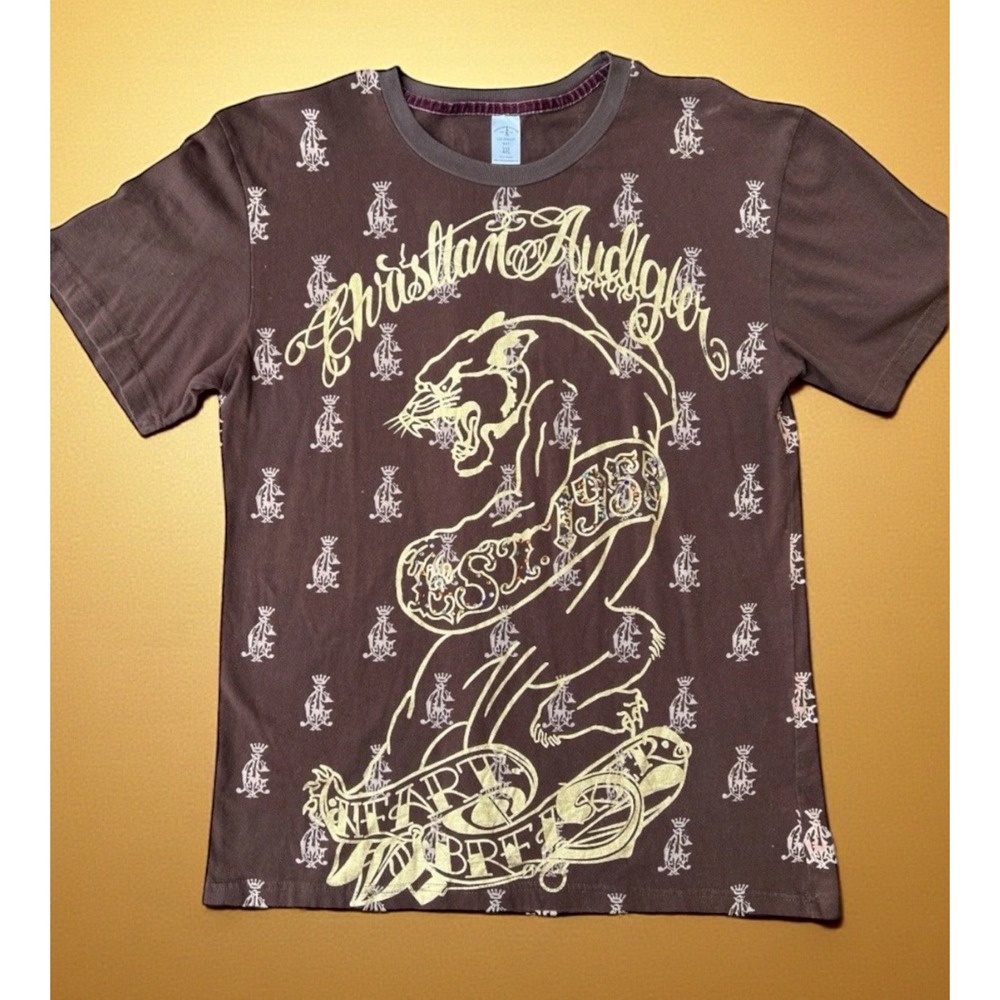 VTG Y2K 2000s CHRISTIAN AUDIGIER AOP Sz XXL Brown Panther Rhinestones T-Shirt